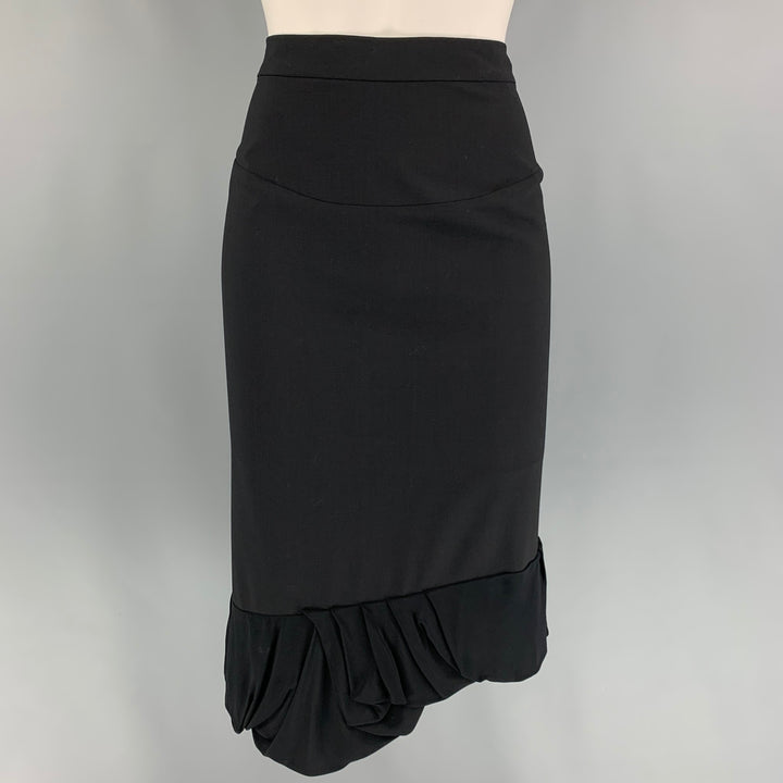 BALENCIAGA Size 8 Black Garbardine Wool Ruffle Skirt