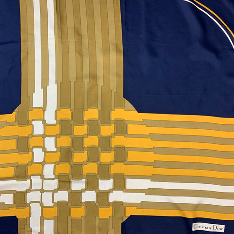 CHRISTIAN DIOR Navy & Gold Taupe Geometric Silk Twill Scarf