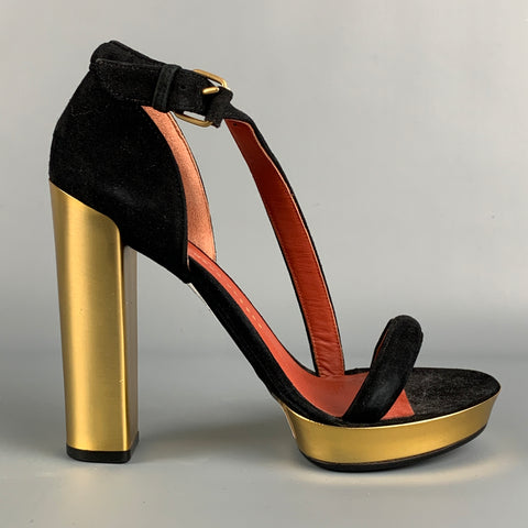 MARC by MARC JACOBS Talla 8 Zapatos de tacón de ante de cuero negro y dorado