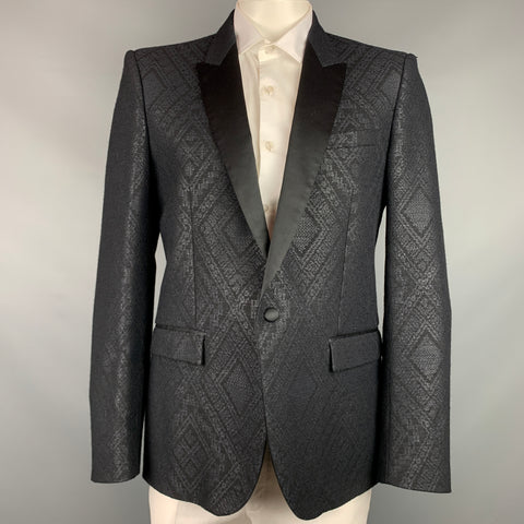 JUST CAVALLI Size 44 Black Jacquard Wool / Polyamide Peak Lapel Sport Coat