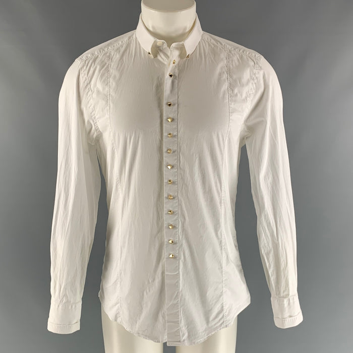 VERSACE COLLECTION Size 41 White Studded Cotton Blend Hidden Placket  Long Sleeve Shirt