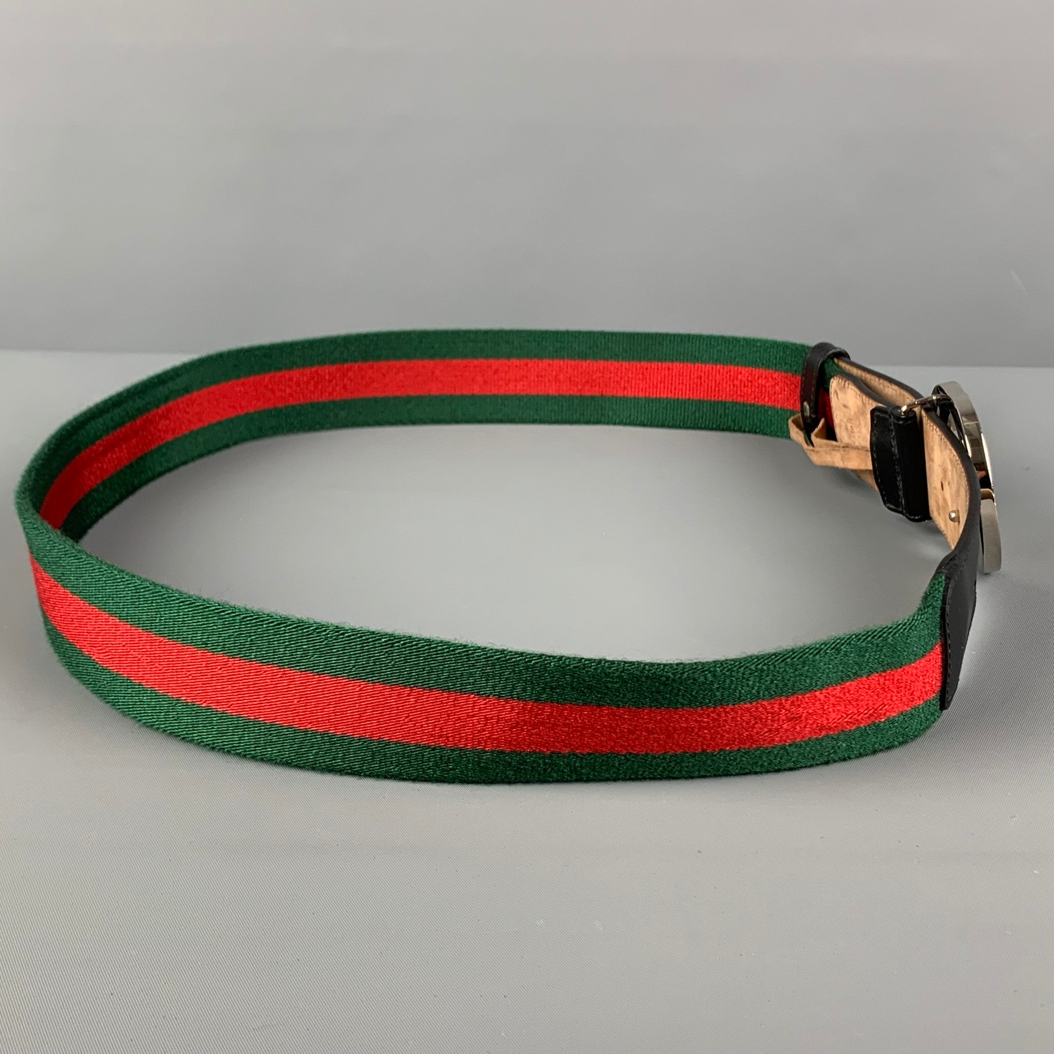 【Gucci 】　グリーンレッドストライプ ベルト GUCCI Green Red Gold Stripe Fabric Brass Feline Head Belt