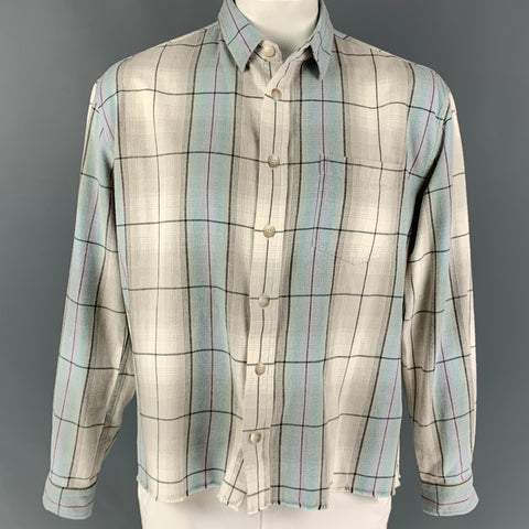 JOHN ELLIOTT Size L Light Gray Teal Plaid Brushed Cotton Long Sleeve Shirt