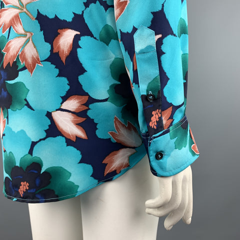 KENZO Size L Aqua Floral Leafs Silk Long Sleeve Shirt