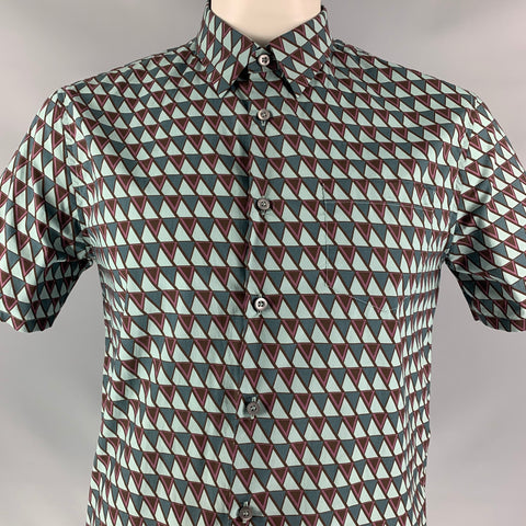 PRADA Size L Green &  Brown Geometric  Button Down Short Sleeve Shirt
