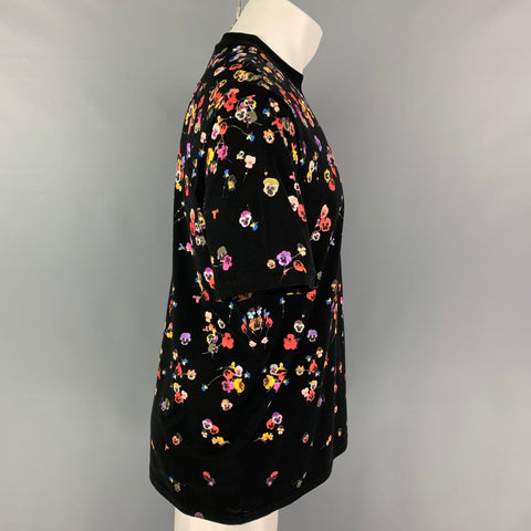 GIVENCHY Talla XS Camiseta negra con cuello redondo y estampado floral multicolor