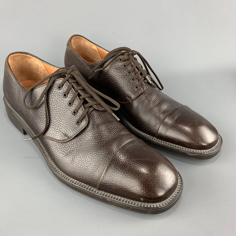 SALVATORE FERRAGAMO Size 11 Brown Textured Leather Cap Lace Up Dress Shoes