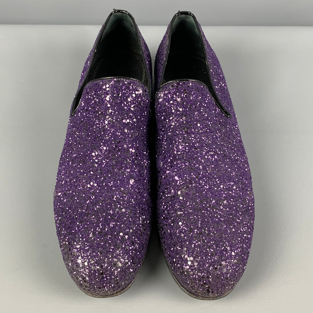 JIMMY CHOO Size 10.5 Purple Black Glitter Leather Slip On Loafers