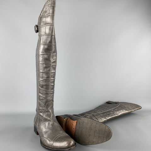 HENRY BEGUELIN Talla 8.5 Botas hasta la rodilla de piel con relieve de cocodrilo gris