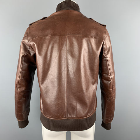 PRADA Chest Size 40 Brown Leather High Collar Epaullettes Zip & Buttons Patch Pockets Jacket