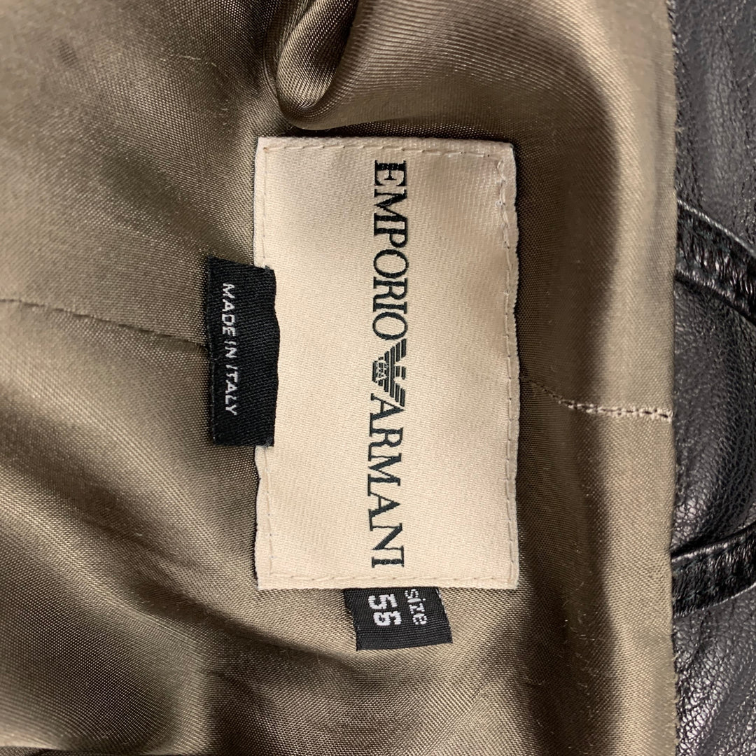 EMPORIO ARMANI Size 46 Black Leather Notch Lapel Coat