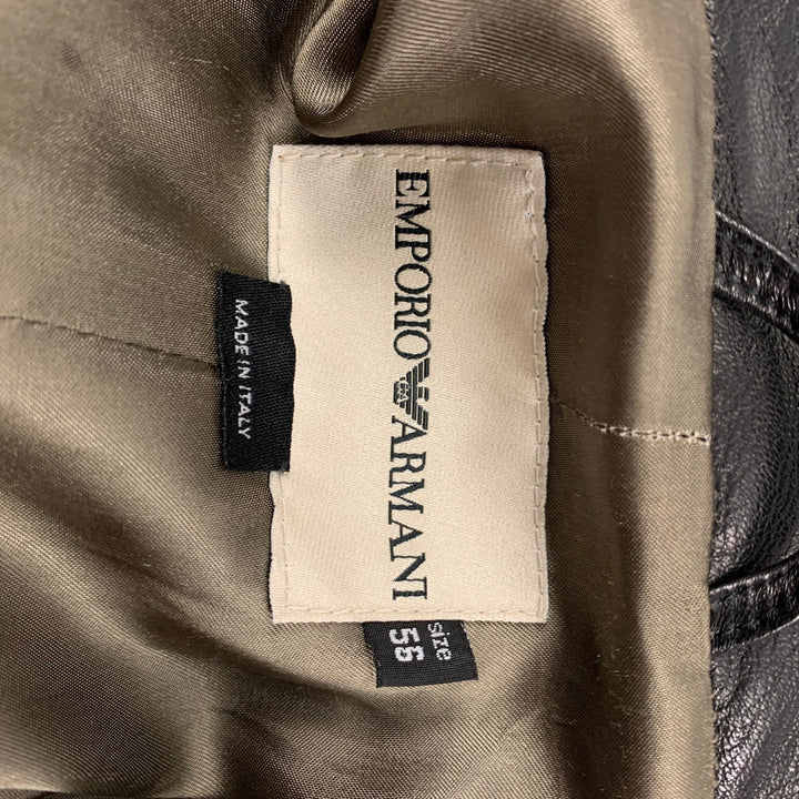 EMPORIO ARMANI Size 46 Black Leather Notch Lapel Coat