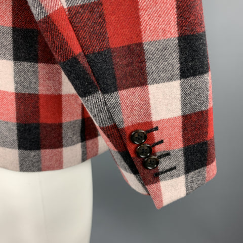 BLACK FLEECE Size 38 Notch Lapel Red Checkered Plaid Wool Sport Coat