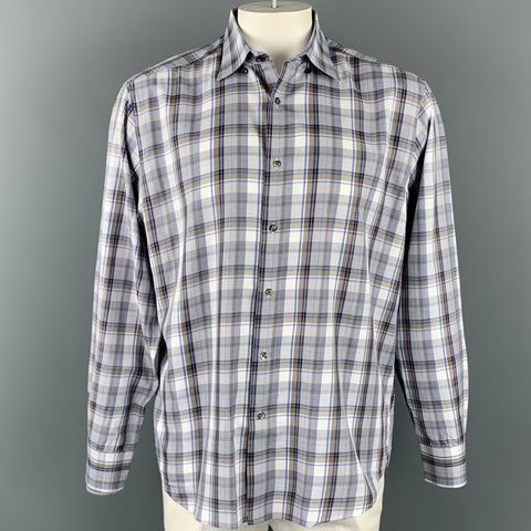 SAKS FIFTH AVENUE Size XL White & Blue Plaid Cotton Button Down Long Sleeve Shirt