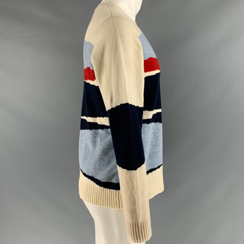GANT Size M Blue Cream Color Block Wool Crew-Neck Sweater