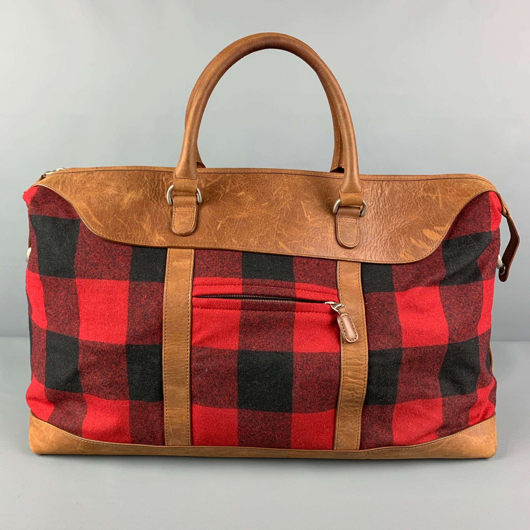 PENDLETON Tan Red Black Checkered Wool Leather Overnight Bag Sui