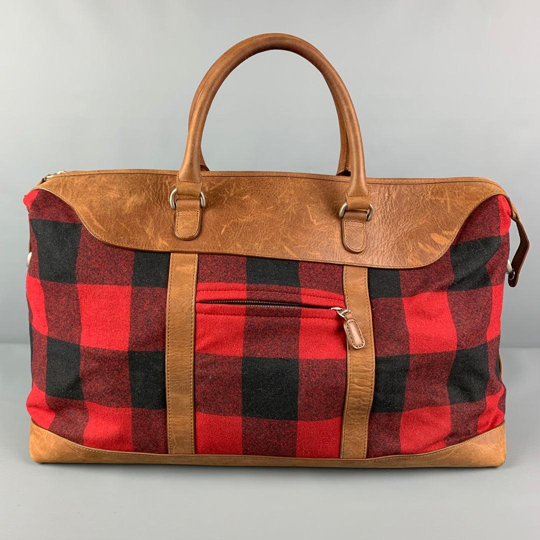 PENDLETON Tan Red Black Checkered Wool Leather Overnight Bag