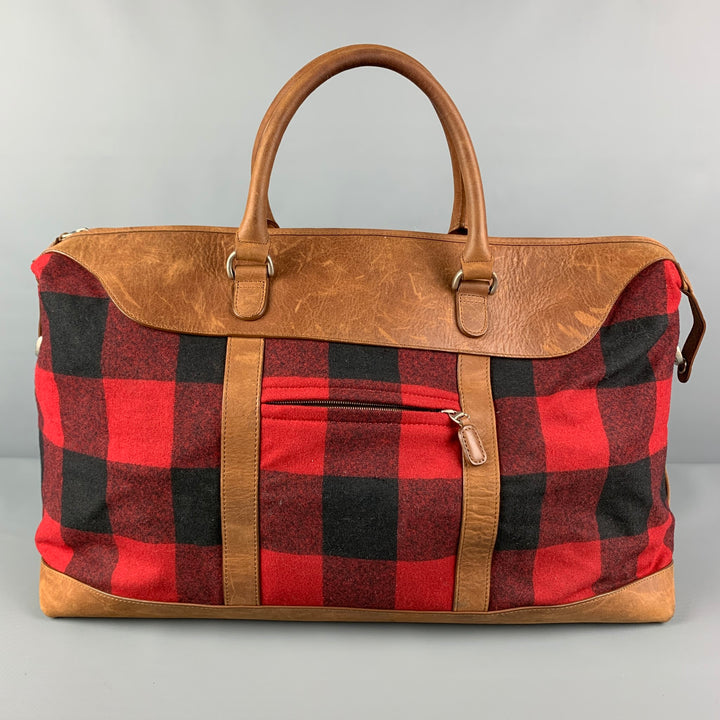 PENDLETON Tan Red Black Checkered Wool Leather Overnight Bag