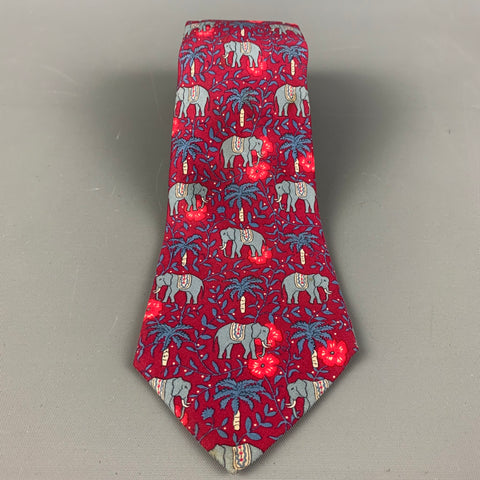 HERMES Red &  Blue Elephants Silk Tie