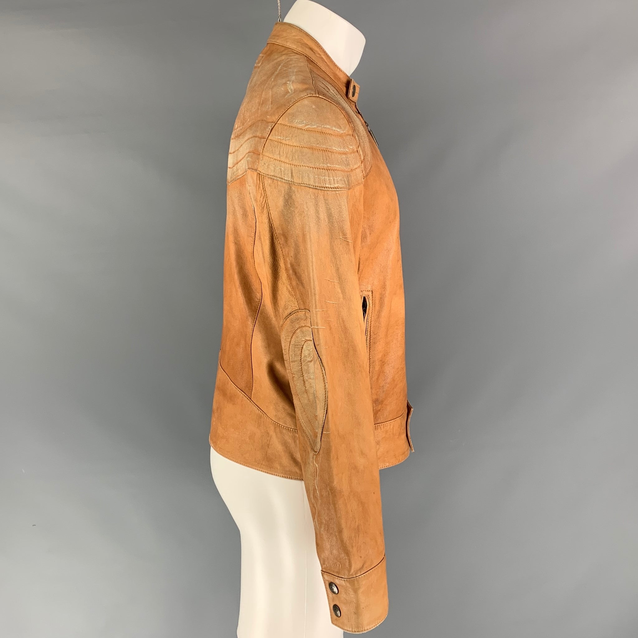 JUST CAVALLI Size 40 Tan Distressed Leather Biker Jacket – Sui 