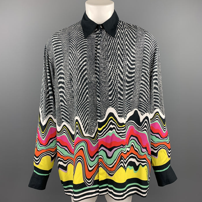 JUST CAVALLI Size XL Black & White Print Viscose Long Sleeve Shirt