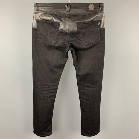 VERSACE JEANS Talla 36 Vaqueros negros con ribete de cuero y cremallera en algodón y poliéster