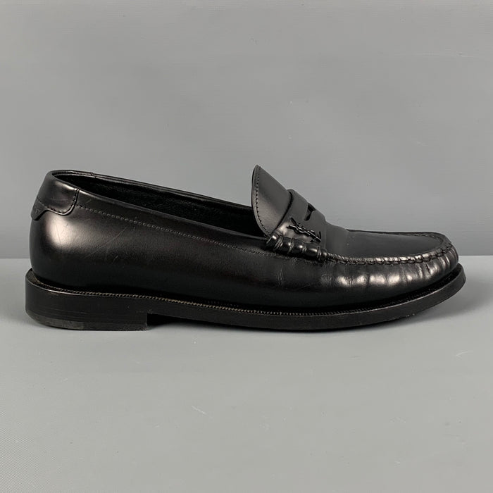 SAINT LAURENT Size 7 Black Leather Monogram Penny Loafers