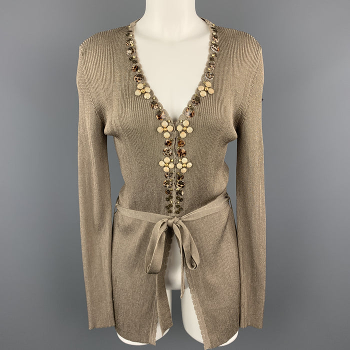 BLUMARINE Size 8 Taupe Sparkle Knit EMbellished V Neck Cardigan
