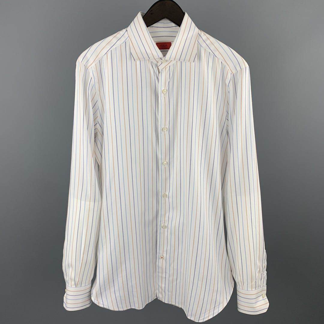 ISAIA Talla M Camisa de manga larga con botones de algodón a rayas blancas