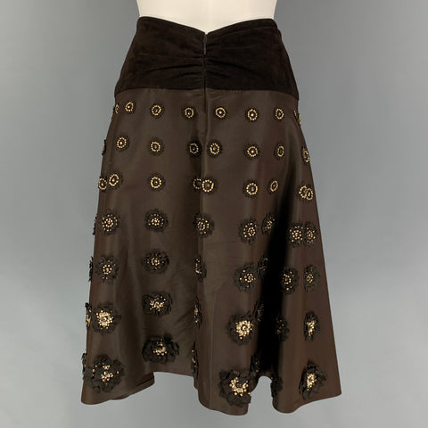 NAEEM KHAN Size 4 Brown Gold Silk Applique Circle Skirt