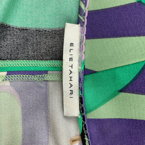 ELIE TAHARI Size S Green & Purple Abstract Jersey Silk V-Neck Dress