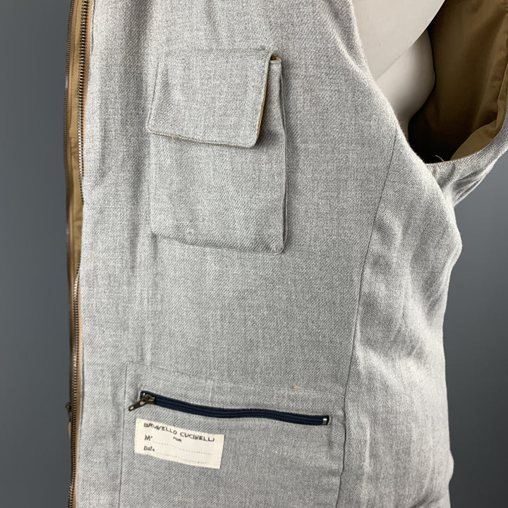 BRUNELLO CUCINELLI Size XL Quilted Khaki Twill Zip Up Puff Zip Pockets Vest