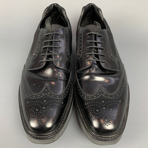 PRADA Size 11 Black Perforated Leather Platform Lace Up Shoes