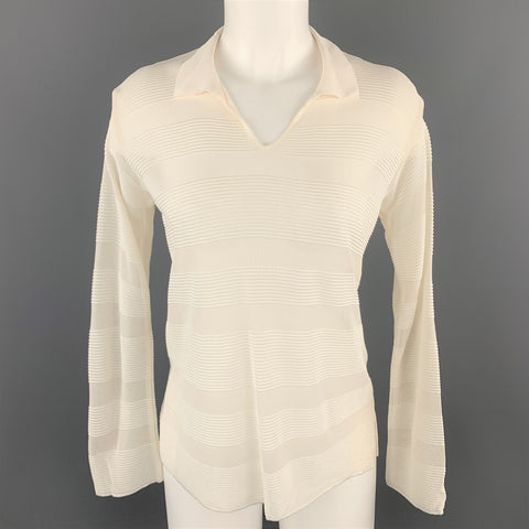GIORGIO ARMANI Size 4 Cream Burnout Striped Viscose Collared Pullover