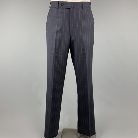 ISAIA Chest Size 40 Long Navy Stripe Wool Peak Lapel 32 34 Suit