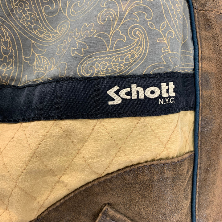 SCHOTT Size L Brown Distressed Leather Trucker Jacket
