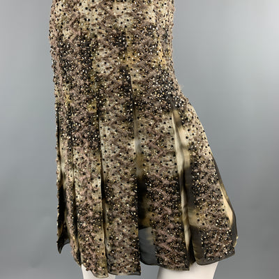 OSCAR DE LA RENTA Size 2 Green Tie Dye Taupe Embroidered Beaded Cocktail Dress