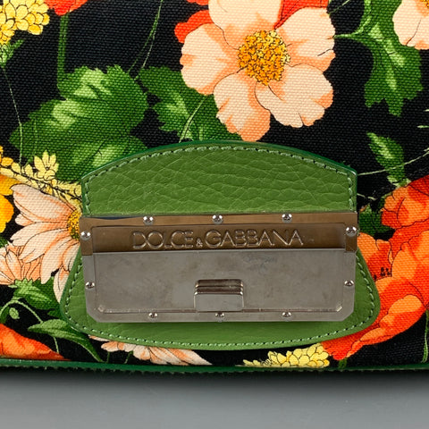 DOLCE & GABBANA Green Orange Floral Canvas Handbag