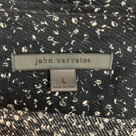 JOHN VARVATOS Size L Black White Print Linen Blend Long Sleeve Shirt