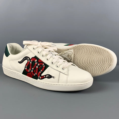 GUCCI Size 12 White Applique Leather Lace Up Ace Sneakers