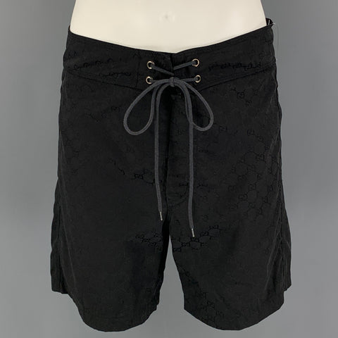 GUCCI Size M Black Jacquard GG Polyamide Cotton Drawstring Shorts