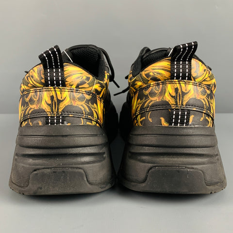 VERSACE JEANS COUTURE Size 10.5 Black Gold Baroque Leather Sneakers