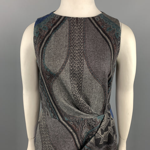ETRO Size 12 Grey Printed Wool Blend Sleeveless Drape Shift Dress