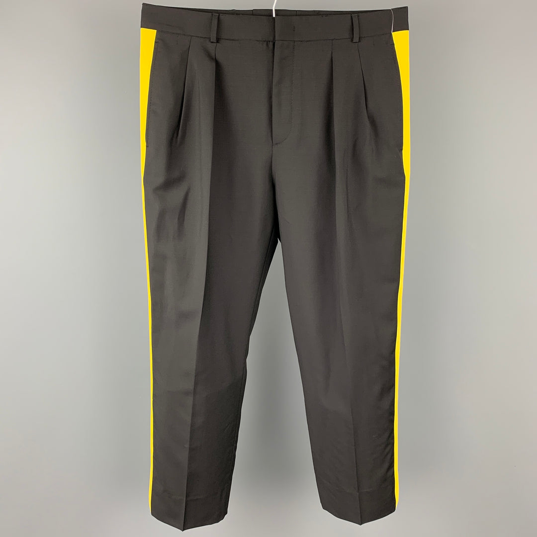 VALENTINO Size 30 Black & Yellow Color Block Wool Pleated Dress Pants