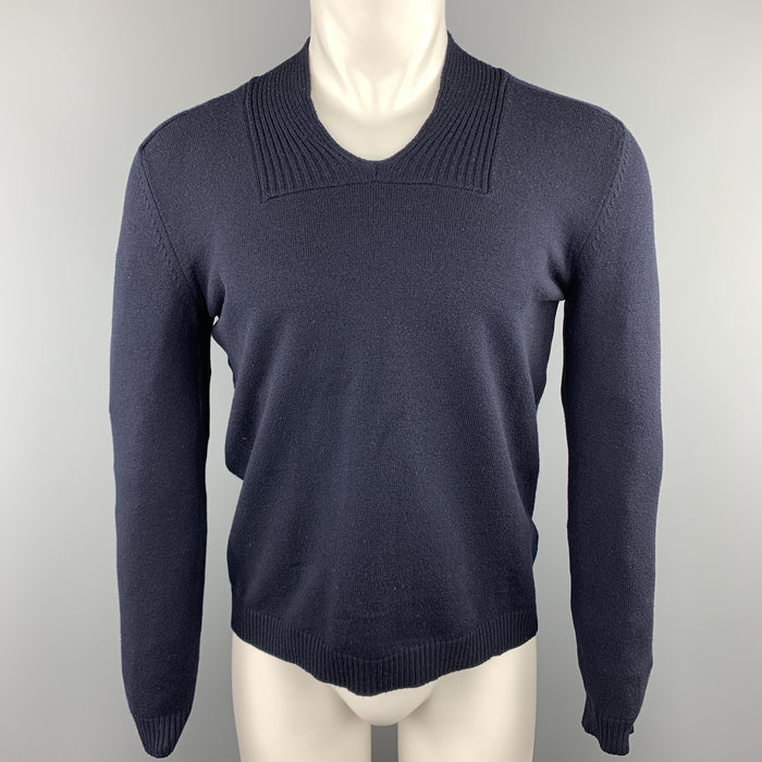 JIL SANDER Size 40 Navy Solid Wool / Polyester Ribbed Collar Sweater
