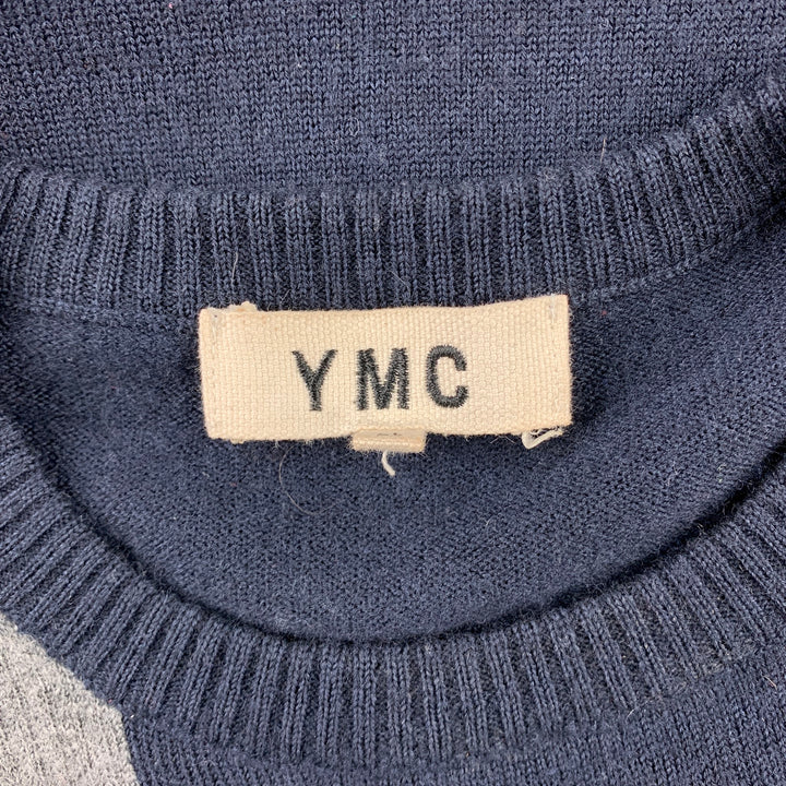 YMC Size M Navy & Black Color Block Wool Crew-Neck Pullover
