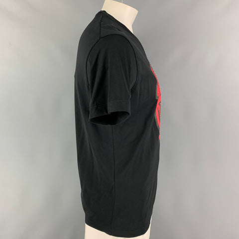 DSQUARED2 Size L Black Red Hearts Cotton Crew-Neck T-shirt
