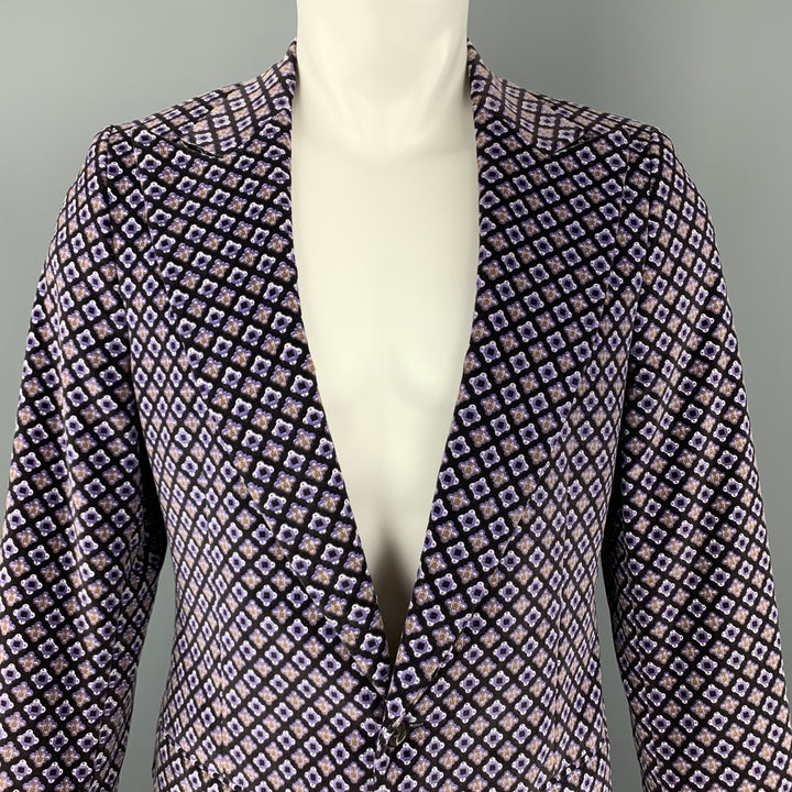 MICHAEL KORS Size 40 Purple & Black Print Cotton Velvet Peak Lapel Sport Coat