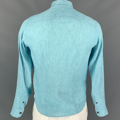 ARMANI COLLEZIONI Size M Aqua & White Pinstripe Linen / Cotton Long Sleeve Shirt