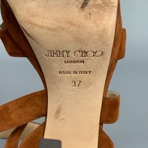 JIMMY CHOO Sandalias de plataforma con tiras de ante color canela Talla 7